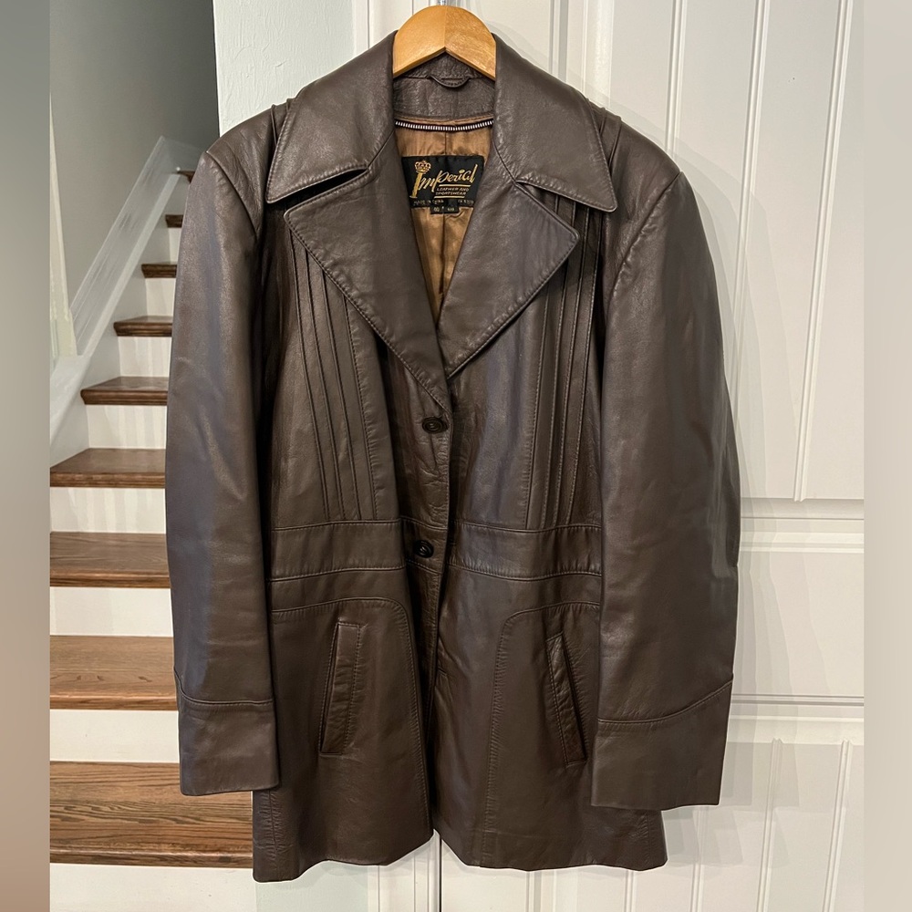 Imperial Vintage Brown Genuine Leather Coat Jacket Size 40 Western Retro